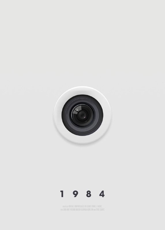 Строгий минималистичный постер «1984» с центральной круговой камерой и огромным пустым полем — концептуальный афишный дизайн.