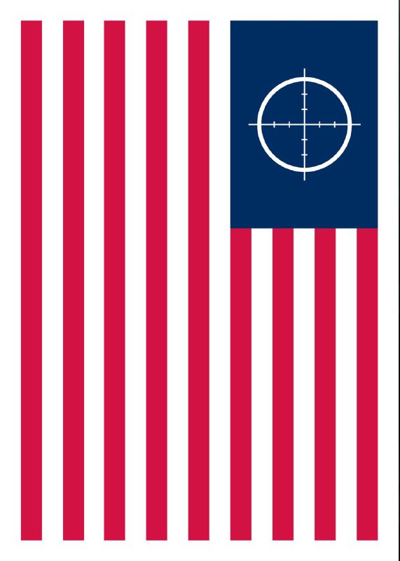 Постер, стилизованный под флаг США с прицельной меткой вместо звёзд; политизированная иконография в минималистской манере.