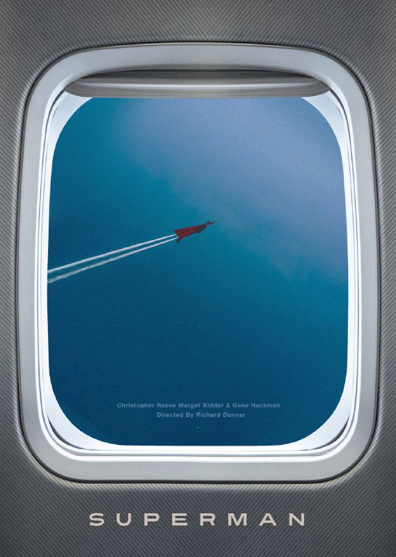 Постер с видом из иллюминатора самолёта и миниатюрным самолётиком; чистая графика и строгая цветовая схема, образец серии.