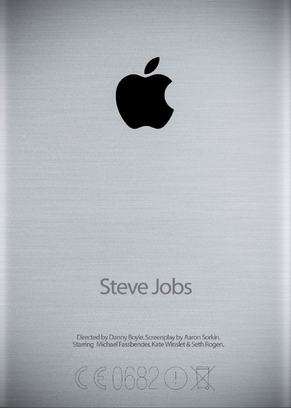 Серебристый постер с яблочным логотипом и минимальным текстом «Steve Jobs» — лаконичная афиша, где знак выступает центральным элементом.