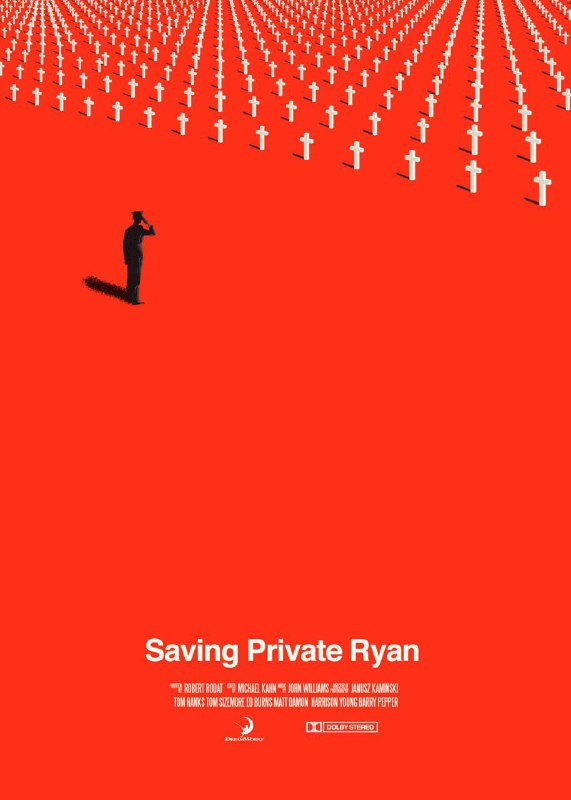 Ярко‑красный постер «Saving Private Ryan» с рядам крестов и маленькой фигурой — сильная, лаконичная визуальная метафора войны.