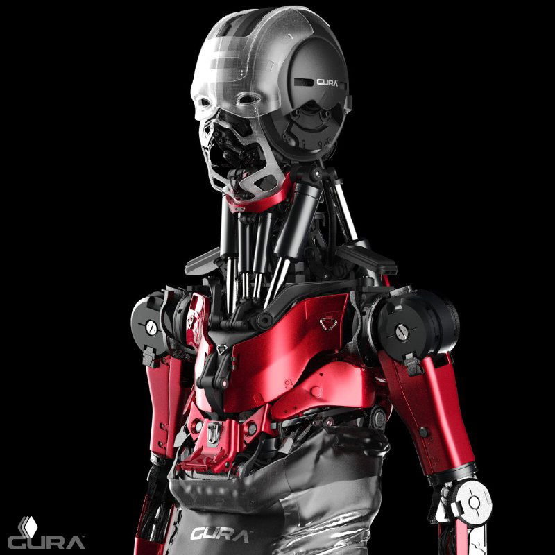 Частично разобранный красно‑чёрный робот‑андроид с видимыми механизмами и каркасом — детализированный персонажный хард‑серфейс концепт.