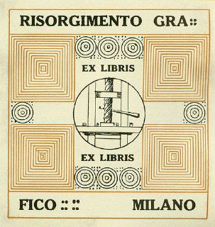 Геометрический экслибрис в стиле ар-нуво/ар-нуво с надписью и стилизованным центральным круговым мотивом, образец книжного знака.