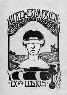 Черно-белый экслибрис с изображением закрытых глаз человека и фоном сельского пейзажа, выразительный графический книжный знак.