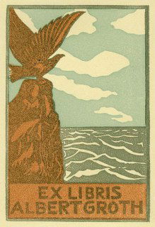 Цветной экслибрис с силуэтом птицы над скалой и морским фоном, декоративный книжный знак в пастельной палитре конца XIX—начала XX века.