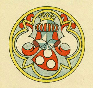 Яркий круглый экслибрис с геральдическим мотивом и короной, стилизованная эмблема как книжный знак в декоративной графике.