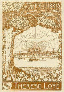 Пейзажный экслибрис с деревом на переднем плане и рассветным фоном—иллюстративный книжный знак с тонкой линейной гравюрой.