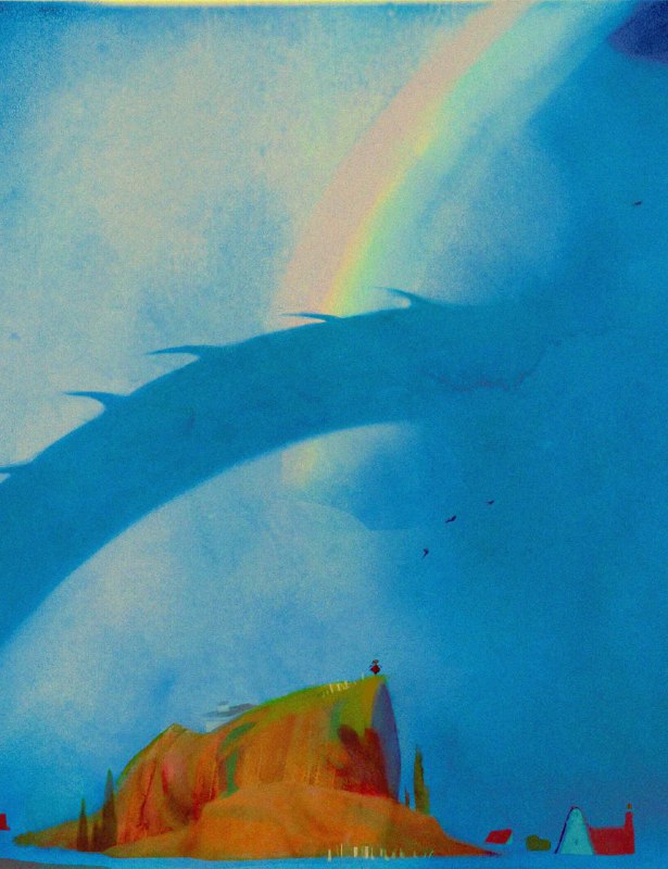 Иллюстрация Эрин Уэст: яркий лазурный фон и радужная дуга над скалистым утёсом, минималистичный силуэт человека на краю — сказочная сцена.