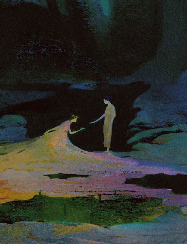Ночное или сумеречное полотно Эрин Уэст: две фигуры на фоне тёмного ландшафта, контрастные светлые мазки и мистическая атмосфера в технике автора.