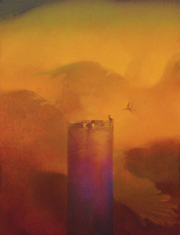 Тёплая композиция Эрин Уэст: высокий башневидный силуэт на закатном фоне, насыщенные оранжевые и пурпурные переливы, мягкая кистевая фактура.