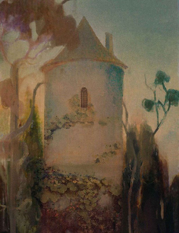 Иллюстрация Эрин Уэст: старинный замковый силуэт среди деревьев, приглушённые зелёные и бежевые тона, романтическая сказочная атмосфера и текстурная обработка.