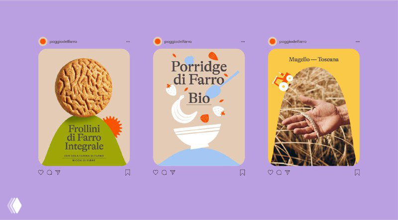 Набор макетов для социальных сетей в пастельных тонах: иллюстрации упаковок, фотография поля и короткие графические карточки демонстрируют цифровую коммуникацию бренда.