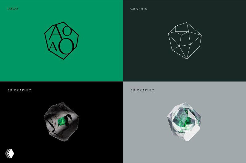 Сетка вариантов айдентики AOAO: графические и 3D-версии логотипа на зелёном, сером и тёмном фоне, эксперименты с формой и фактурой.