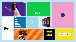 Коллаж из цветных прямоугольников и плиток с иллюстрациями и текстовыми блоками, демонстрирующий модульную систему визуальной айдентики LEGO.