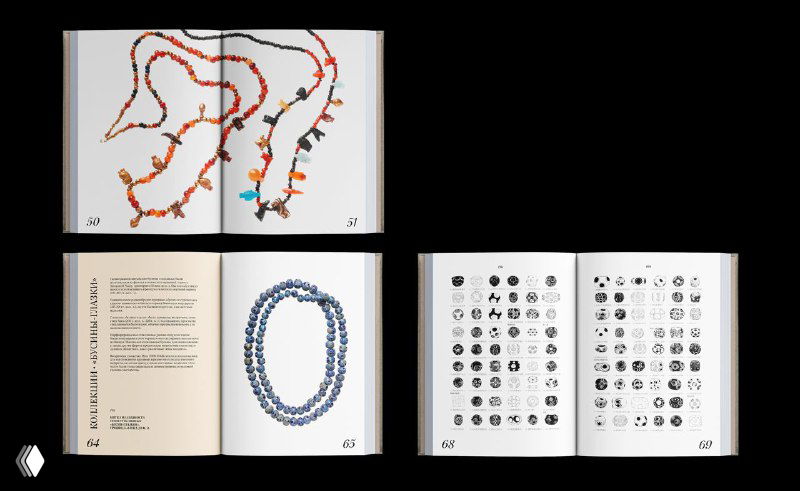 Разворот с ожерельями: фотографии бисерных украшений различной формы на светлом фоне, графичная верстка страниц.