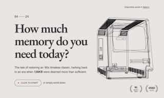 Скриншот лонгрида 84–24: аккуратная вёрстка и 3D-модель vintage Macintosh 128K в интерфейсе сайта.