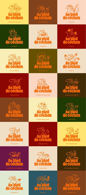 Сетка из вариантов логотипа и маскота свинки в разных цветовых сочетаниях: пример адаптивной графики для упаковки и мерча.
