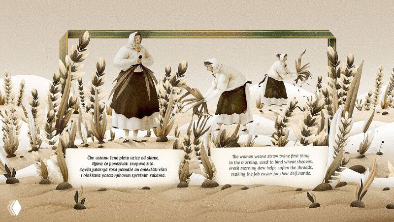 Иллюстрация из серии «The Harvest»: сцена с несколькими персонажами у колосьев, ретро-одежда и декоративные рамки в композиции.