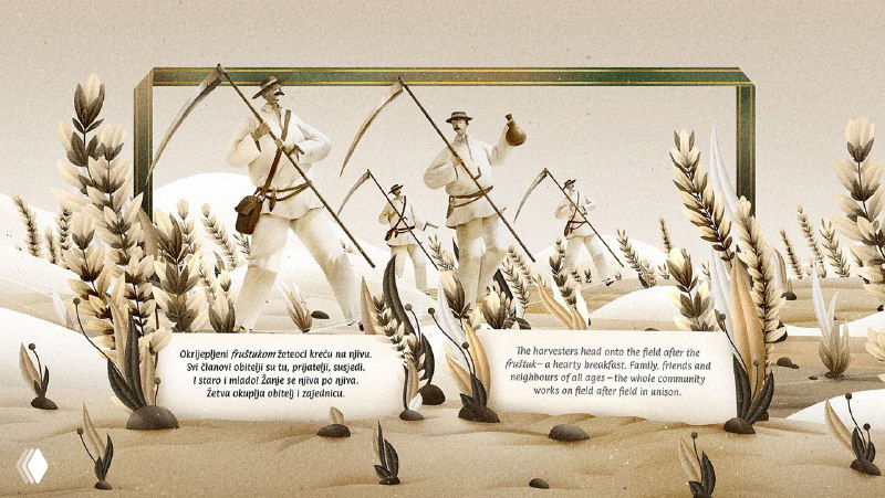 Иллюстрация из серии «The Harvest»: динамичные персонажи с инструментами для жатвы, стилизованное поле и мягкие световые акценты.