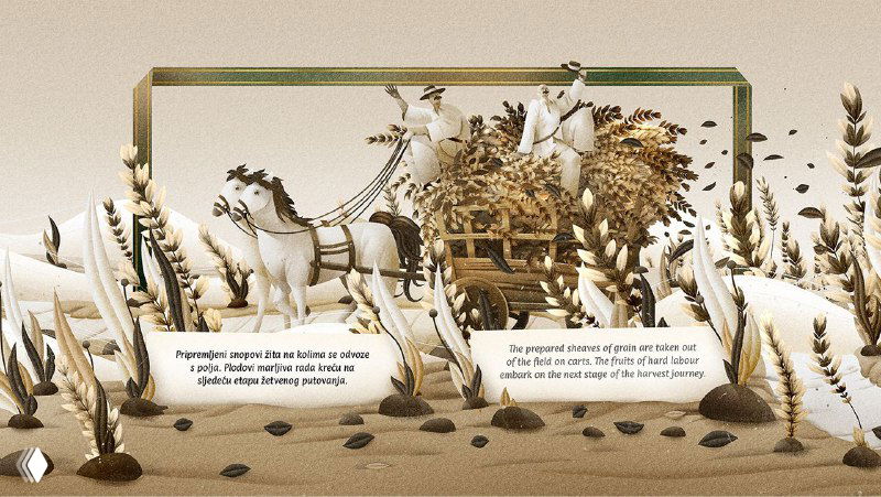 Иллюстрация из серии «The Harvest»: композиция с повозкой, персонажами и крупными колосьями, декоративные детали и мягкая цветовая гамма.