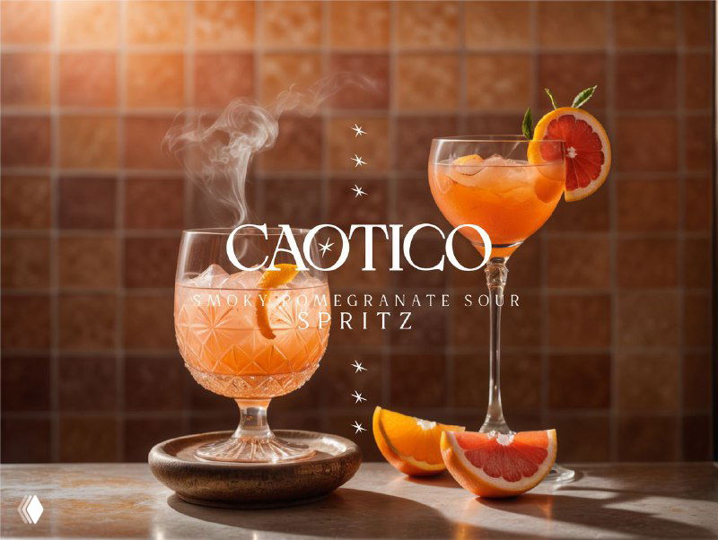 Кадр с коктейлями Pomegranate Sour и Spritz на фоне плиточной стены, логотип CAOTICO и стилизованные элементы сервировки.