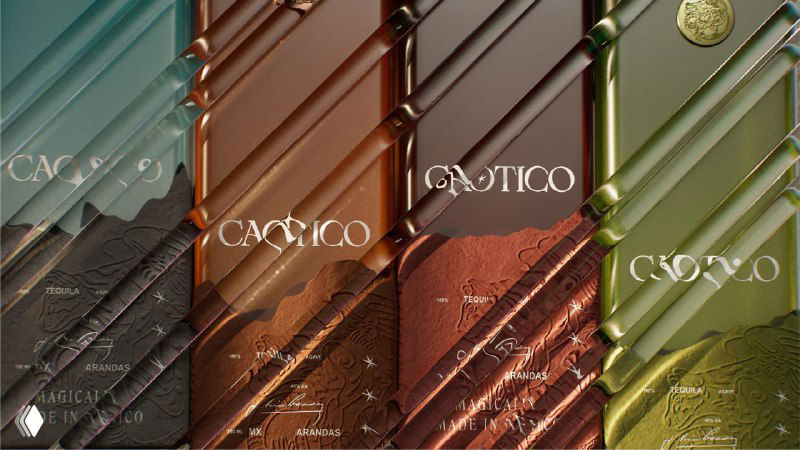 Крупные планы рельефной этикетки в нескольких цветах, виден текст CAOTICO и рельеф, имитирующий горный рельеф.