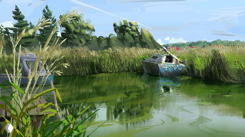 Иллюстрация Мацея Сидоровича: лодка в камышах у зеркальной воды, деликатные отражения, мягкий свет и детали растений.