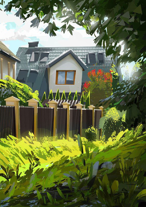 Иллюстрация Мацея Сидоровича: садовый двор с оградой, яркие солнечные пятна между листьями и сложная работа с тенями и текстурами.
