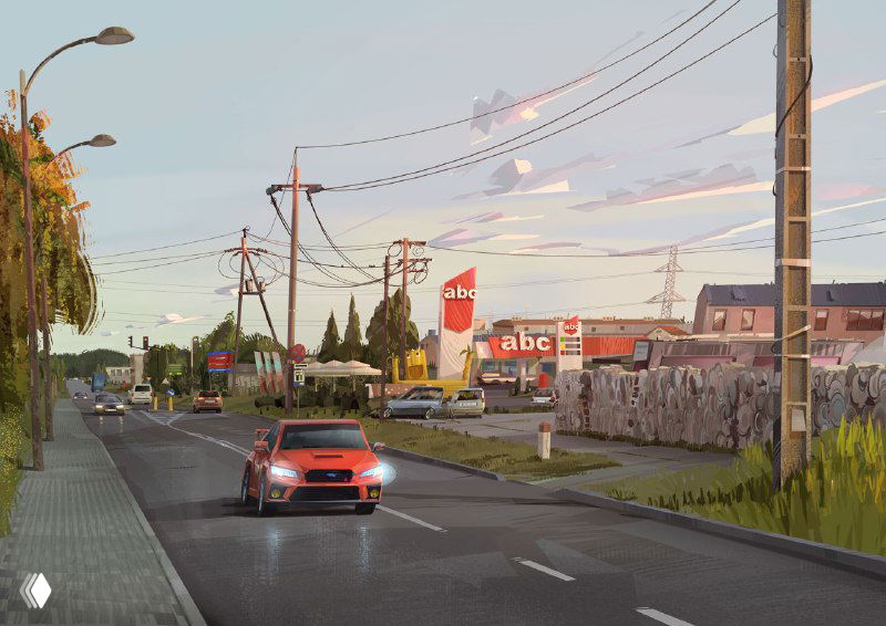 Иллюстрация Мацея Сидоровича: городской пейзаж с проезжей частью и автомобилем, длинные тени и отражения на асфальте.