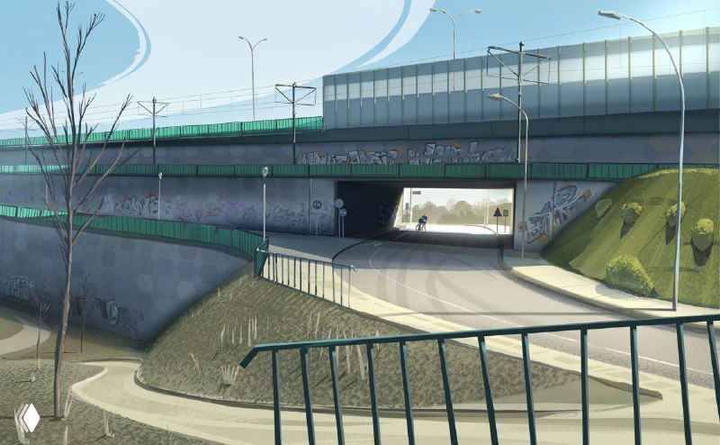 Иллюстрация Мацея Сидоровича: эстакада и подпорные стены, тщательно прорисованные отражения и переходы света в городской среде.