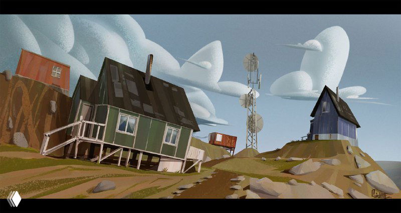 Иллюстрация Мацея Сидоровича: домики на утесе у моря, графичные формы, контрастное освещение и лаконичная палитра.