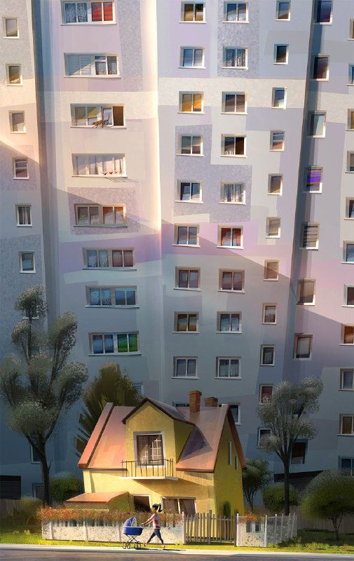 Иллюстрация Мацея Сидоровича: многоэтажный фасад с игрой света и цветных рефлексов на окнах, внимание к мелкому масштабу сцен.