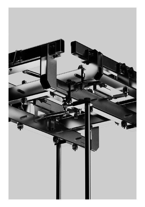 Промышленный 3D-рендер металлической конструкции в минималистичном освещении, видна геометрия каркаса и опорные стойки.