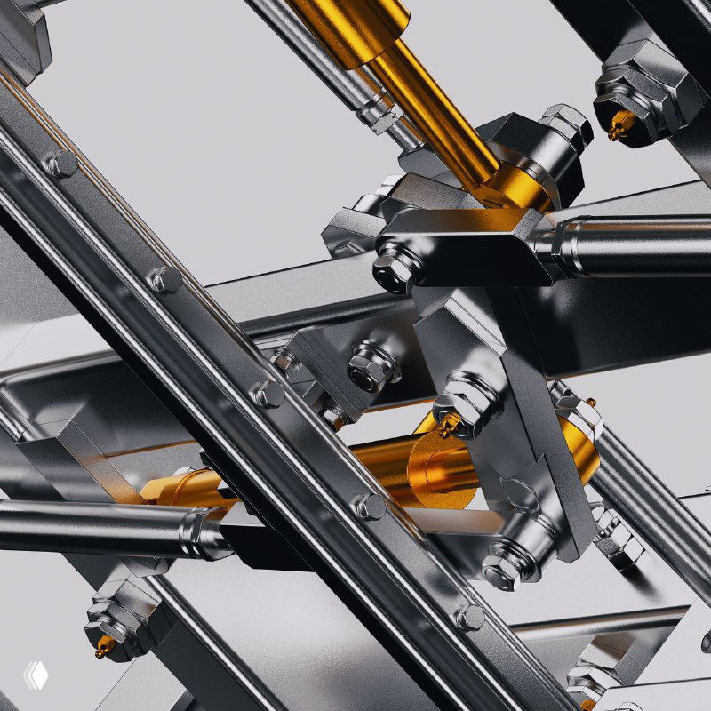 Детализированный 3D-рендер металлической арматуры с золотистыми цилиндрами и болтовыми соединениями в техничной эстетике.