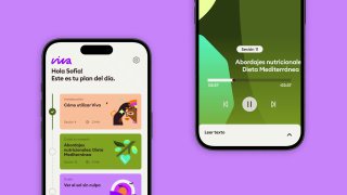 Серия экранов Viva на фиолетовом фоне: музыкальный плеер, карточки с образовательным контентом и визуальные элементы фирменного стиля, демонстрация компонентов UI в комплекте.