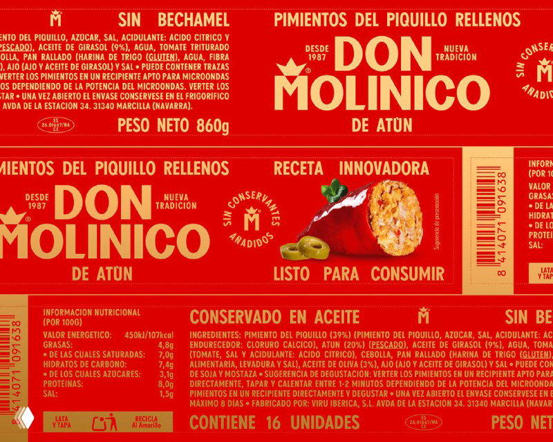 Фрагмент печатной поверхности этикетки Don Molinico с описанием продукта, штрихкодом и декоративными элементами в ретростиле на красном фоне.