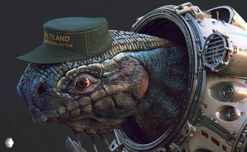 Крупный план фантастической рептилии в скафандре с детализацией текстур кожи и металлических элементов с акцентом на атмосферу ретрофутуризма.