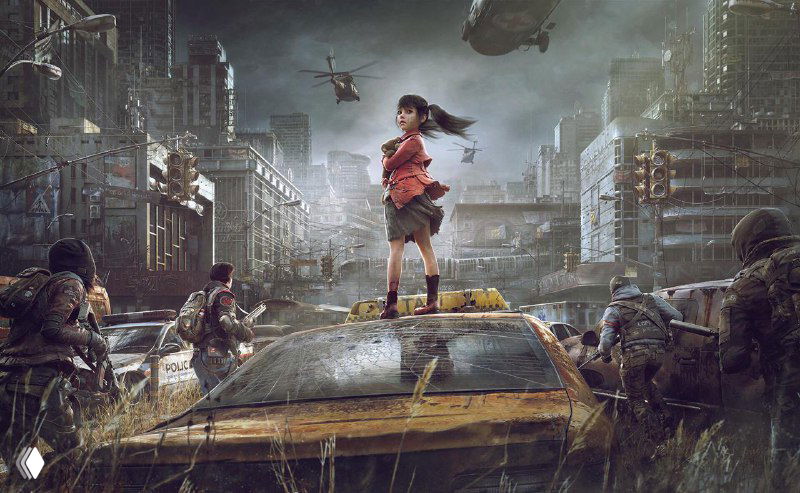 Постапокалиптическая городская сцена: девочка стоит на крыше машины посреди разрушенного мегаполиса, вокруг военные дроны и техника.
