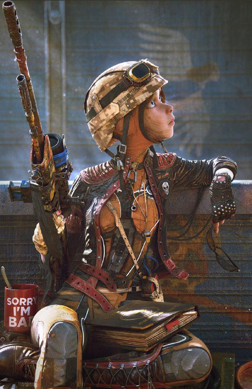 Портрет девушки-авантюристки в стимпанк-экипировке с винтажной ружейной деталью и богатой текстурой одежды на фоне индустриальной среды.