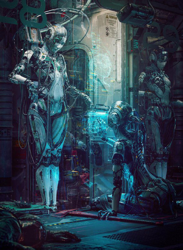 Тёмная технодемонстрация: два андроида или робота в мастерской окружены электронными компонентами и неоновыми панелями, атмосфера лаборатории.