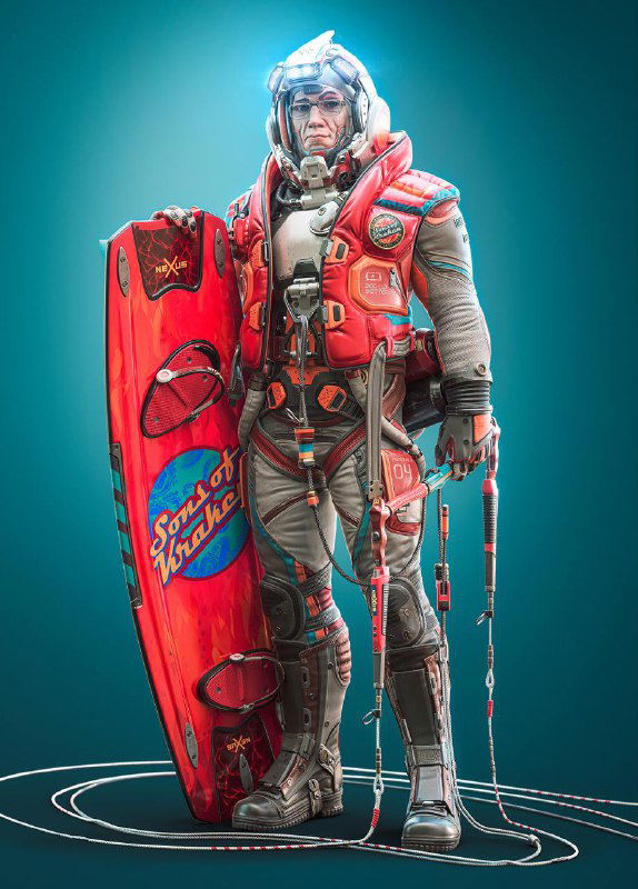 Персонаж в футуристическом костюме с ярким щитом-серфбордом, проработаны материалы брони, освещение и мелкие аксессуары в стиле sci‑fi.