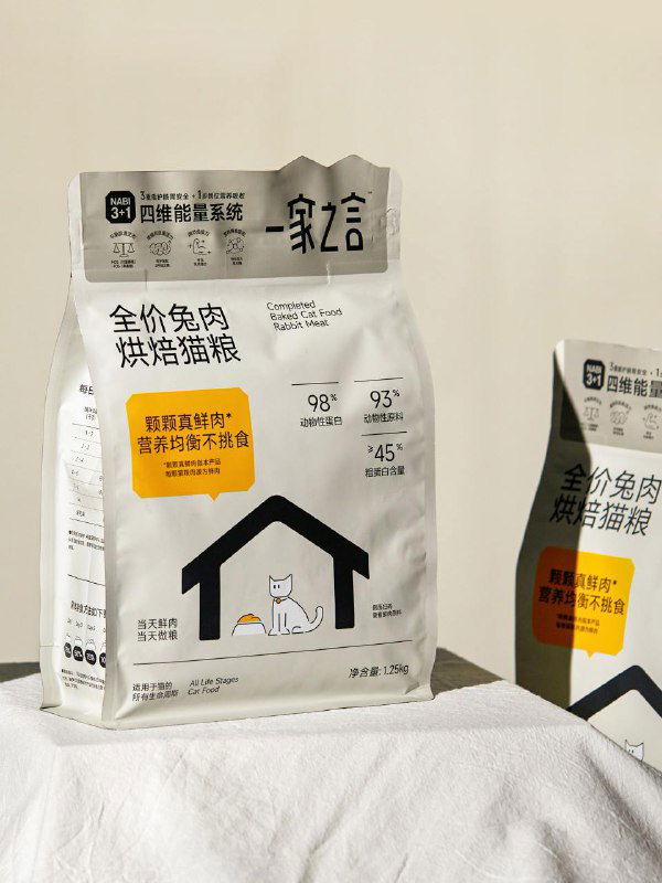 Группа стоящих упаковок корма Home Cat Food на светлом фоне: акцент на повторяющемся брендинге, форме пакета и жёлтых информационных блоках