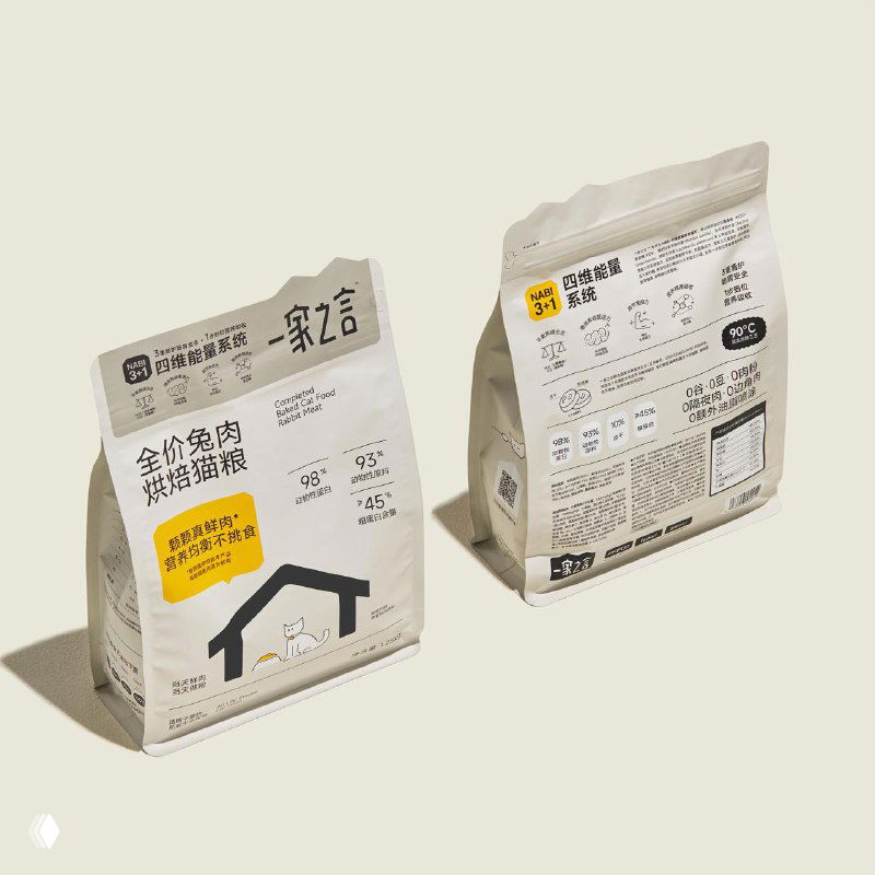 Две упаковки корма Home Cat Food, снятые сзади и спереди: видна обратная сторона с информационной вёрсткой и техническими пиктограммами