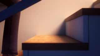 Скриншот из короткометражки: стилизованная 3D-сцена с лестницей, тёплым светом и минималистичной атмосферой, характерной для ролика.