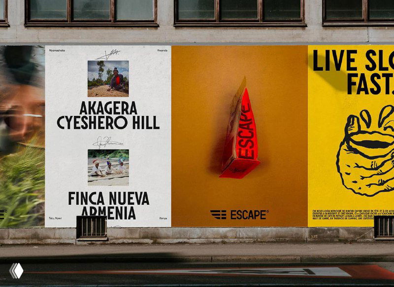 Городской билборд с рекламой Escape: серия плакатов в чёрно‑белой и жёлтой гамме, крупная типографика и грубые иллюстрации бренда.