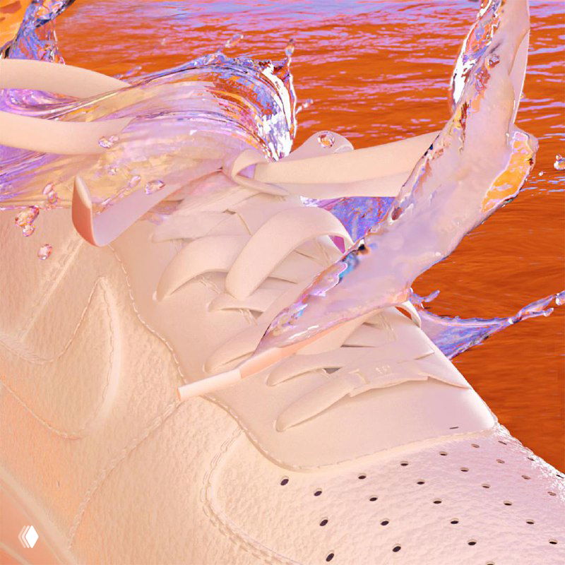 Креативная композиция с белым кроссовком и брызгами на оранжевом фоне: экспериментальная визуализация, резкий цвет и текстуры в стиле кампании.