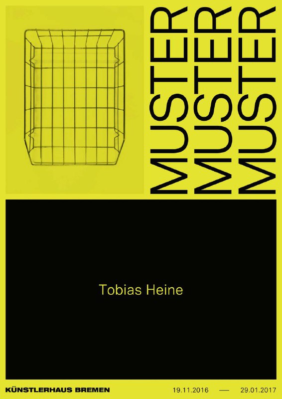 Жёлто-чёрный постер с сетчатым объектом и многократным текстом "MUSTER" — строгая композиция и контрастная типографика у немецких дизайнеров.
