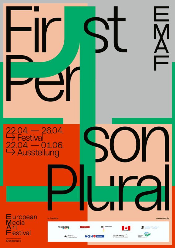 Плакат с крупной цветовой блокировкой, зелёными и серыми формами и наложенной типографикой «First Person» — современный графический дизайн.