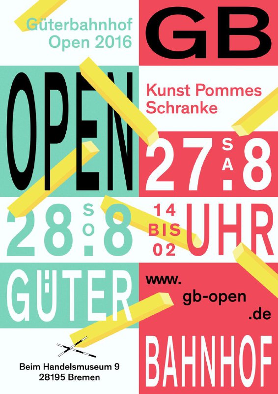 Коллажный плакат с яркими блоками красного, розового и голубого, надписями 'OPEN' и 'GÜTERBAHNHOF' — индустриальная эстетика и уличная типографика.