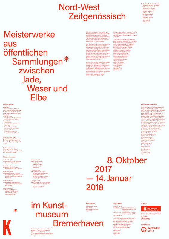 Белый постер с разбросанной красной типографикой и датами выставки — минимализм и информационная иерархия в немецком плакатном дизайне.